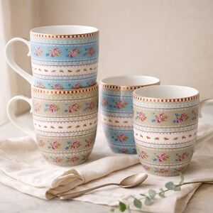 Pip Studio Ribbon Rose Porcelain Mug Set of 4 Blue Khaki Floral